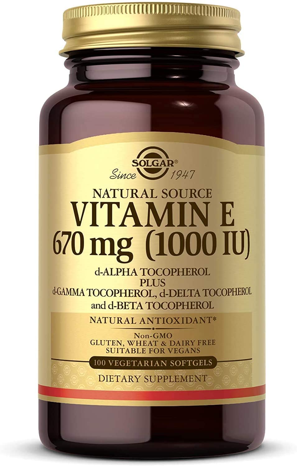Solgar Vitamin E 670 mg (1000 IU), 100 Vegetarian Softgels - Natural Antioxidant, Skin &amp; Immune System Support - Naturally-Sourced Vitamin E - Non-GMO, Vegan, Gluten Free, Dairy Free - 100 Servings
