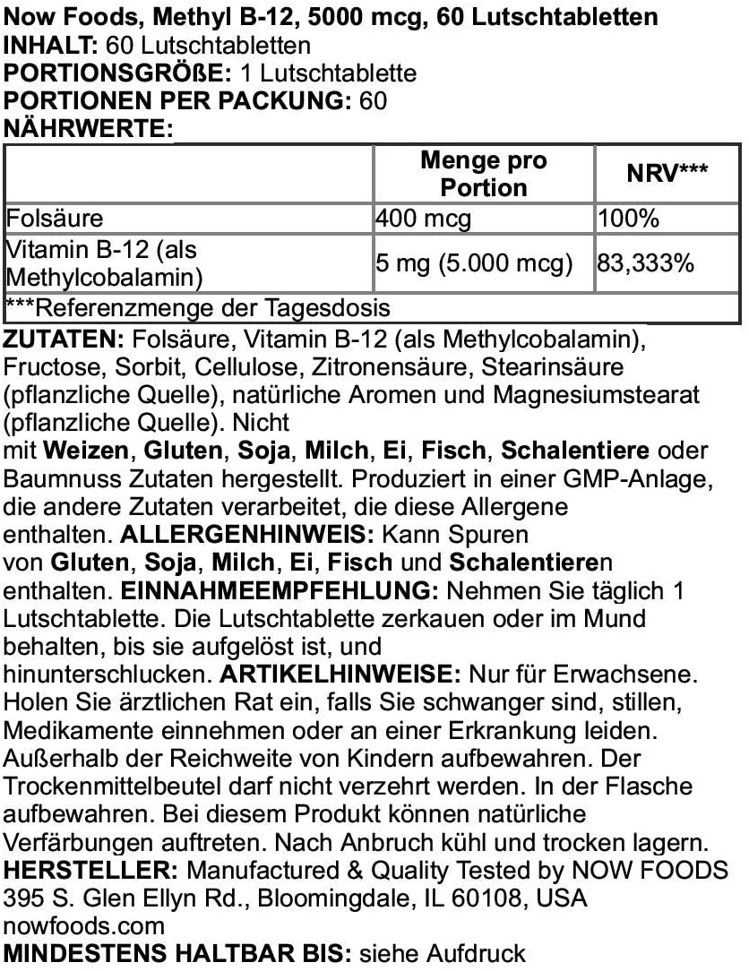 NOW Foods Supplements, Methyl B-12 (Methylcobalamin) 5,000 mcg, Nervous System Health*, 60 Lozenges