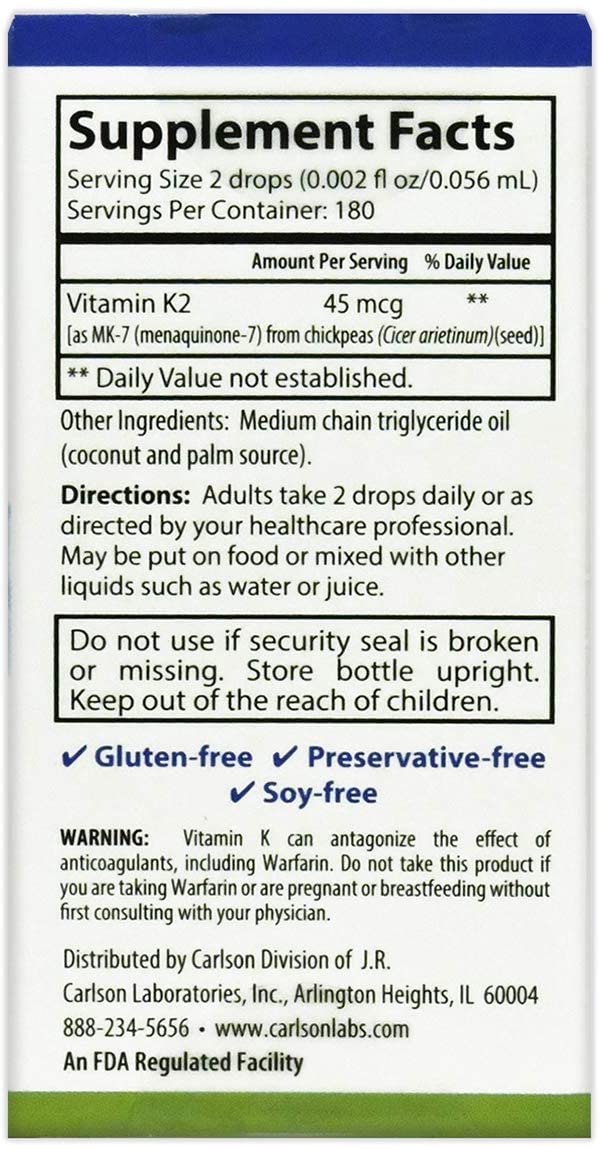 Carlson - Super Daily K2, 45 mcg Liquid Vitamin K, Cardiovascular &amp; Blood Health, Bone Health, K2 Vitamin, Vitamin K Supplement, Vitamin K-2 MK7, Unflavored, 360 Drops