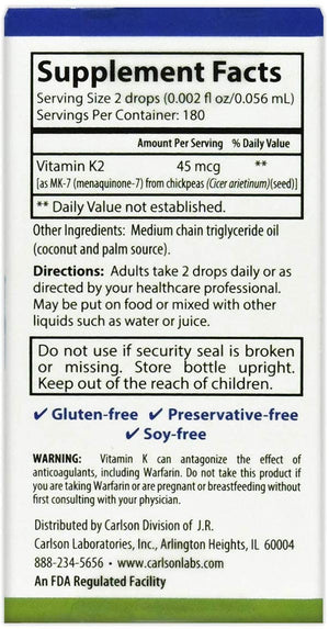 Carlson - Super Daily K2, 45 mcg Liquid Vitamin K, Cardiovascular & Blood Health, Bone Health, K2 Vitamin, Vitamin K Supplement, Vitamin K-2 MK7, Unflavored, 360 Drops