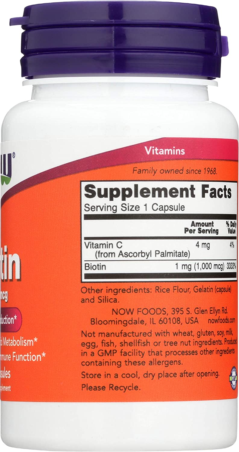 NOW Foods Supplements, Biotin 1,000 mcg, Amino Acid Metabolism*, Energy Production*, 100 Capsules