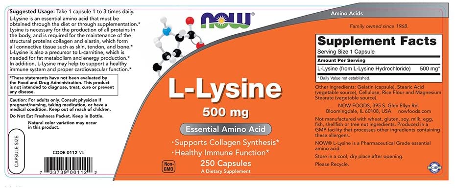 NOW L-Lysine, 500 mg, 250 Capsules