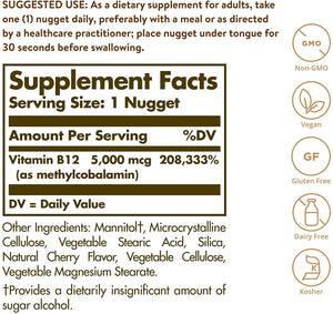 Solgar Methylcobalamin Sublingual Vitamin B12, 5000 mcg, 60 Nuggets