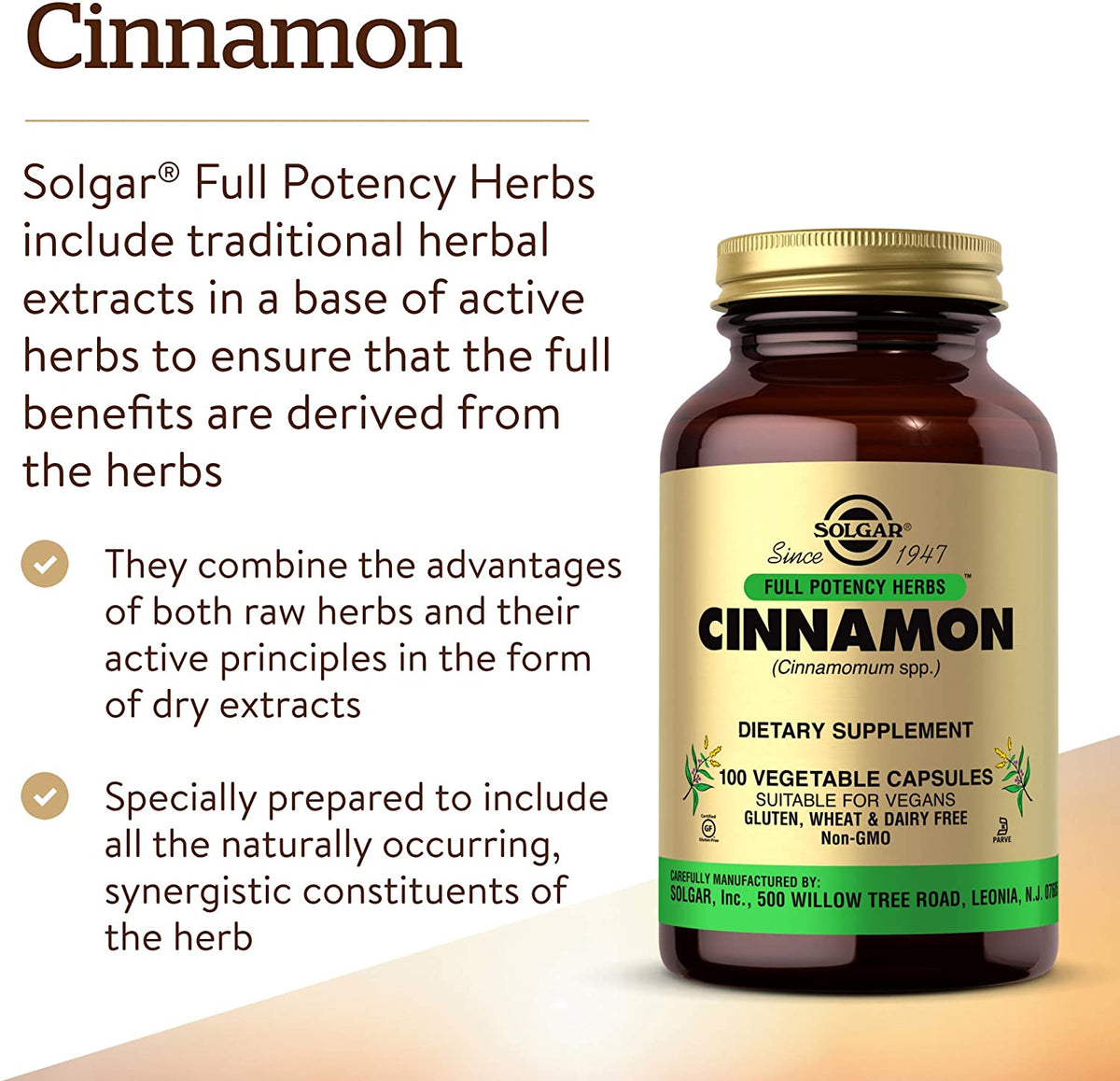 SOLGAR Cinnamon - 100 Vegetable Capsules - Full Potency (FP) - Non-GMO, Vegan, Gluten Free, Dairy Free, Kosher - 100 Servings
