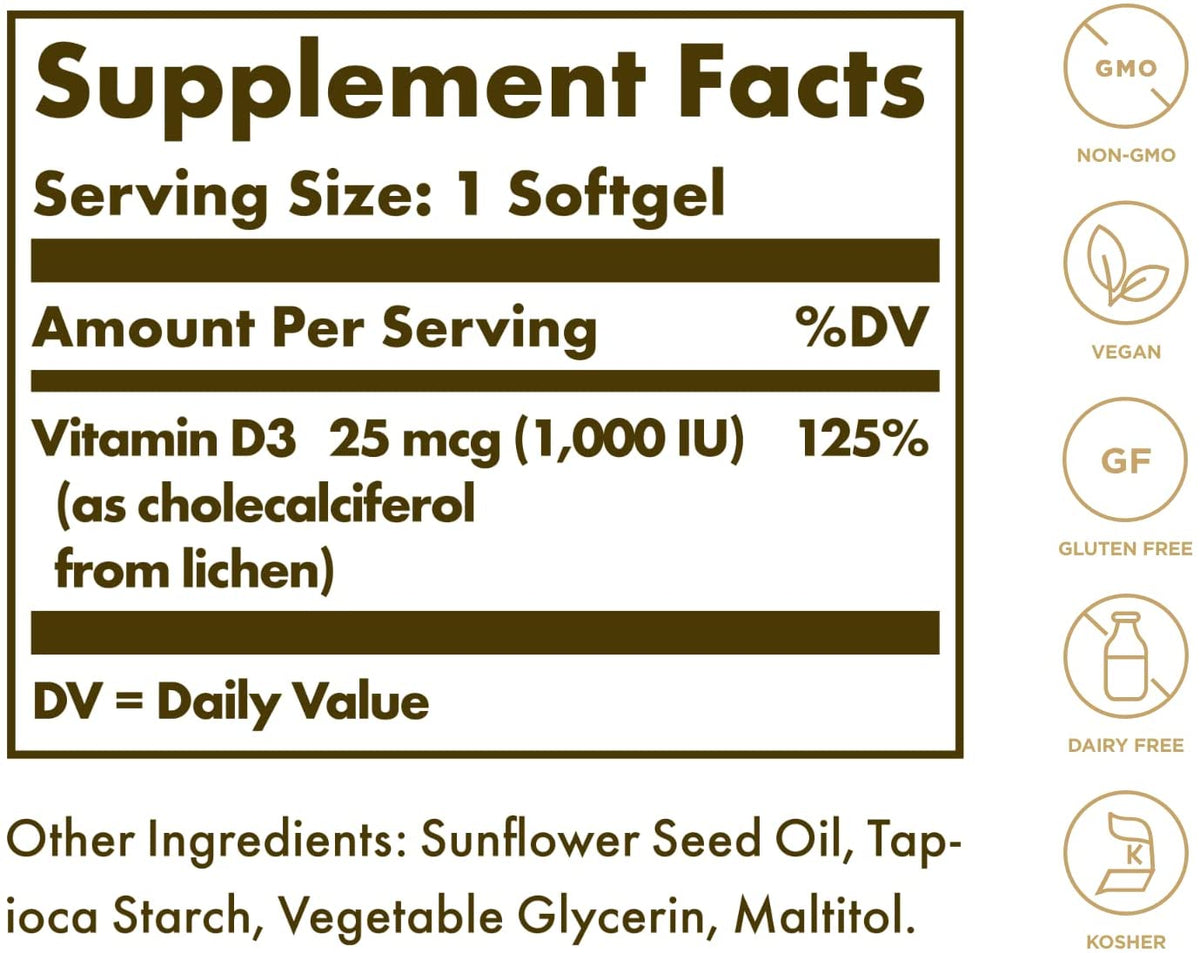 Solgar Vegan Vitamin D3 (Cholecalciferol) 25 mcg (1,000 IU) - 120 Softgels - Immune Support - Helps Maintain Healthy Bones &amp; Teeth - Non-GMO, Certified Vegan, Gluten &amp; Dairy Free - 120 Servings