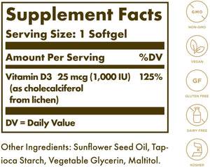 Solgar Vegan Vitamin D3 (Cholecalciferol) 25 mcg (1,000 IU) - 120 Softgels - Immune Support - Helps Maintain Healthy Bones & Teeth - Non-GMO, Certified Vegan, Gluten & Dairy Free - 120 Servings