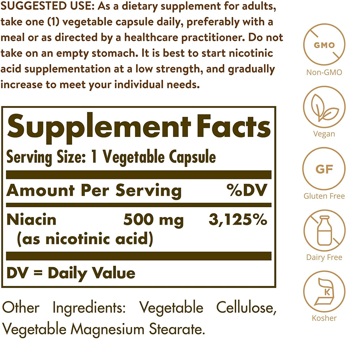 Solgar Niacin (Vitamin B3) 500 mg - 100 Vegetable Capsules - Supports Energy Metabolism - Non-GMO, Vegan, Gluten Free, Dairy Free, Kosher - 100 Servings