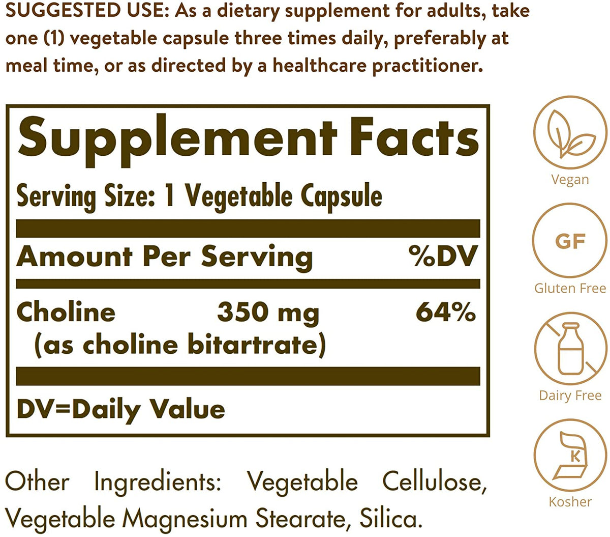 Solgar Choline 350 mg, 100 Vegetable Capsules - Supports Healthy Brain &amp; Cellular Function - Vegan, Gluten Free, Dairy Free, Kosher - 100 Servings
