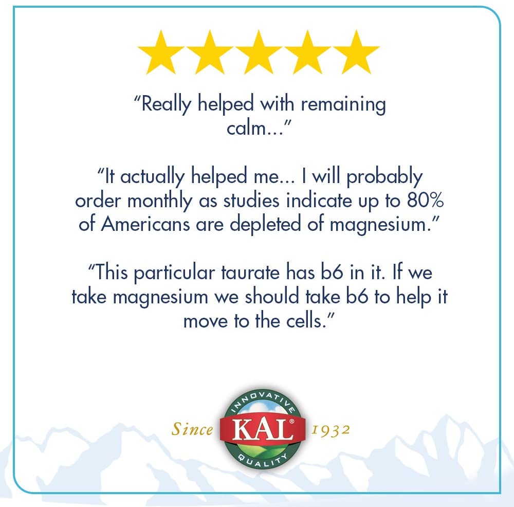 KAL Magnesium Taurate 400mg Plus CoEnzyme Vitamin B6, Chelated Magnesium Supplement, Healthy Muscle Function, Nerve and Heart Health Support, Gluten Free, Vegan, 60-Day Guarantee, 45 Serv, 90 Tablets