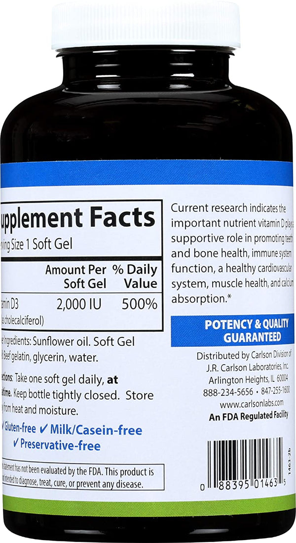 Carlson Vitamin D3, 2000 IU, 360 Softgels Discount Nutrition Store
