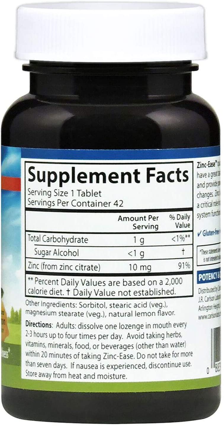 Carlson - Zinc-Ease, Soothing Lozenge, Immune Support &amp; Optimal Wellness, Antioxidant, Lemon, 42 Lozenges