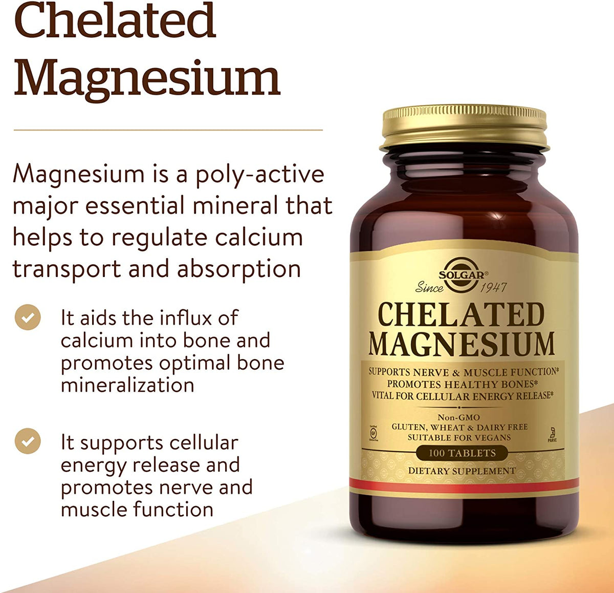 Solgar Chelated Magnesium - 100 Tablets - Supports Nerve &amp; Muscle Function - Non-GMO, Vegan, Gluten Free, Dairy Free, Kosher - 25 Servings
