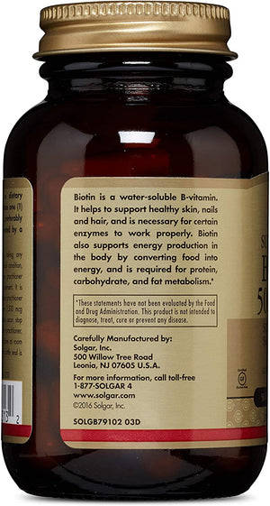 Solgar Biotin 5000 mcg - 50 Vegetable Capsules - Supports Healthy Skin, Nails & Hair - Non-GMO, Vegan, Gluten Free, Dairy Free, Kosher - 50 Servings