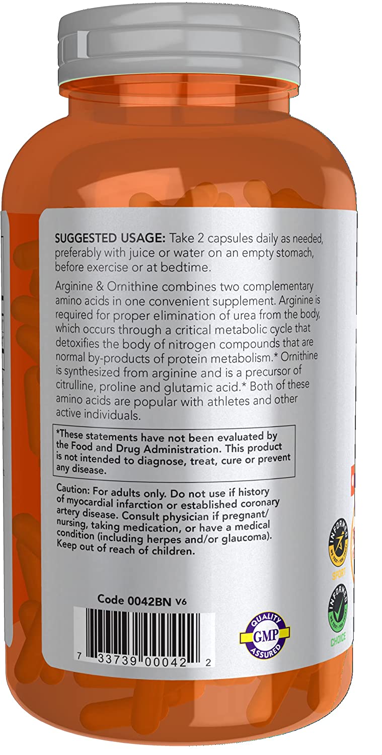 NOW Foods Sports Nutrition, Arginine &amp; Ornithine 500/250 mg, Amino Acids, 250 Veg Capsules