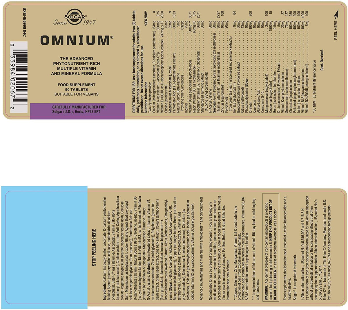 Solgar Omnium - 90 Tablets - Phytonutrient Complex + Multiple Vitamin &amp; Mineral Formula - Non-GMO, Vegan, Gluten Free - 45 Servings