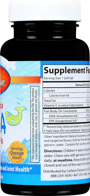 Carlson - Kid's Chewable DHA, 100 mg DHA, Brain & Vision Function, Growth & Development, Orange, 60 Chewable Softgels