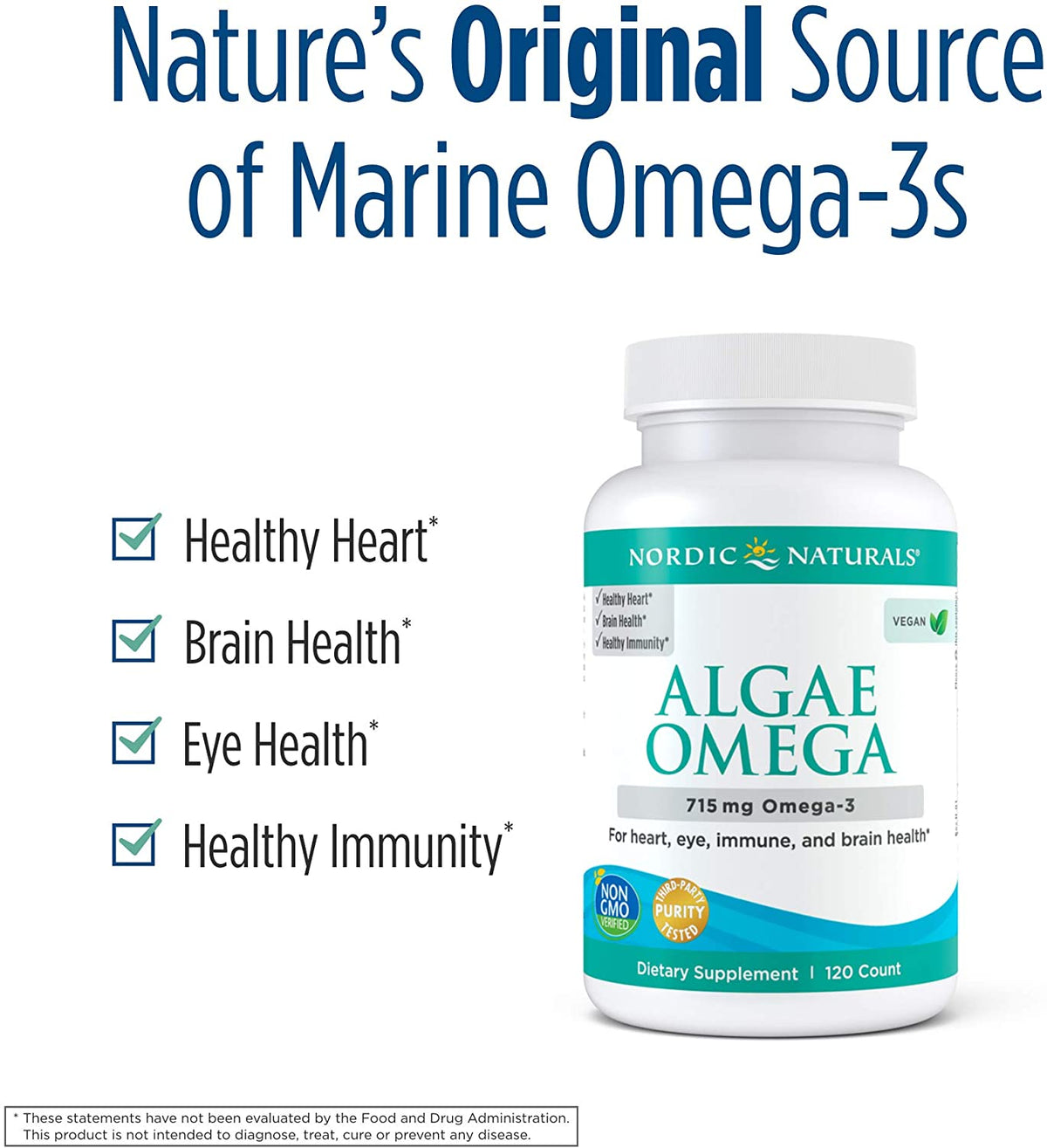 Nordic Naturals Algae Omega - 715 mg Omega-3-120 Soft Gels - Certified Vegan Algae Oil - Plant-Based EPA & DHA - Heart, Eye, Immune & Brain Health - Non-GMO - 60 Servings