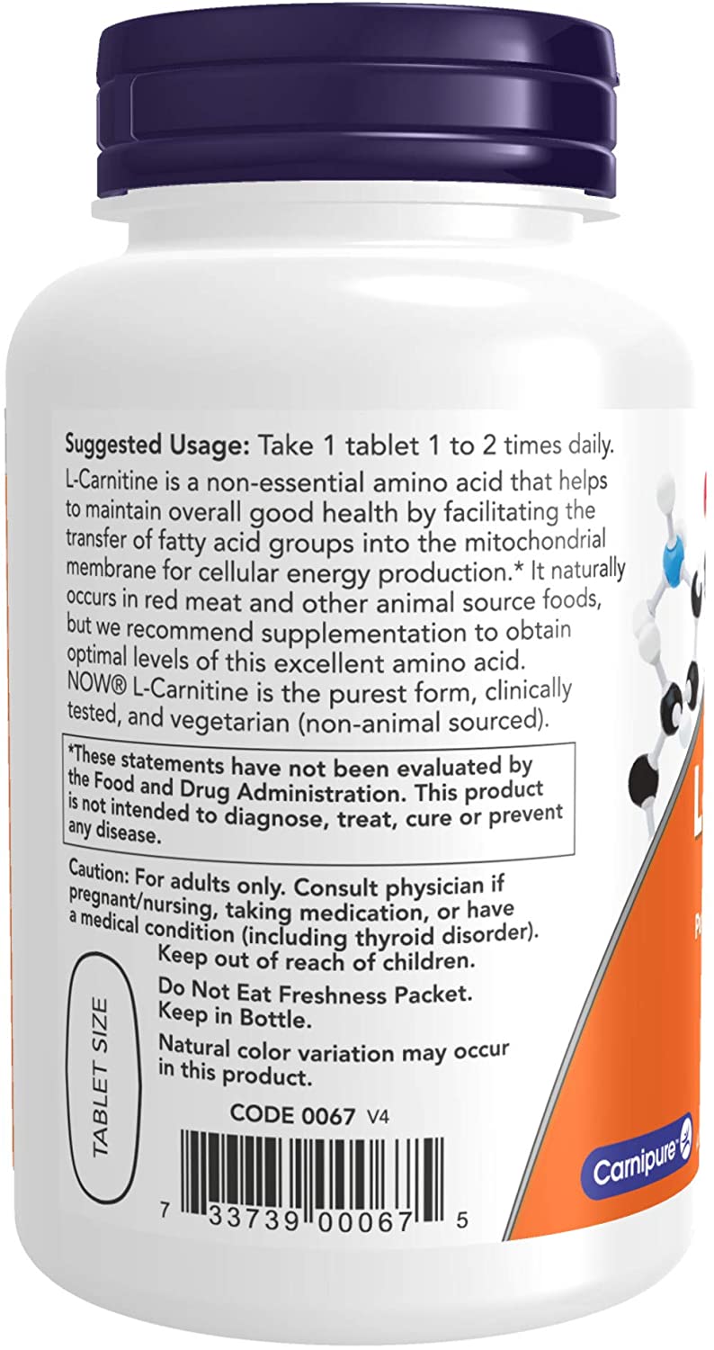 NOW Foods Supplements, L-Carnitine 1,000 mg, Purest Form, Amino Acid, Fitness Support*, 50 Tablets