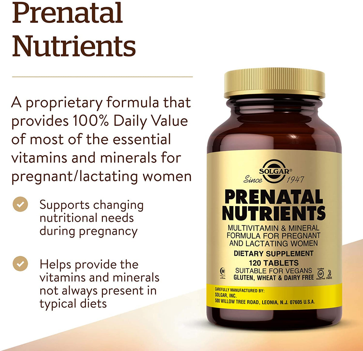 Solgar Prenatal Nutrients, 120 Tablets - Multivitamin &amp; Mineral Formula for Pregnant &amp; Lactating Women - Contains Zinc, Calcium Iron, Folic Acid, Vitamins C &amp; E - Vegan, Gluten Free - 30 Servings