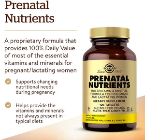 Solgar Prenatal Nutrients, 120 Tablets - Multivitamin & Mineral Formula for Pregnant & Lactating Women - Contains Zinc, Calcium Iron, Folic Acid, Vitamins C & E - Vegan, Gluten Free - 30 Servings