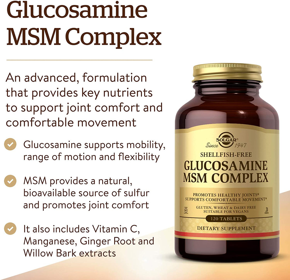 Solgar Glucosamine MSM Complex, 120 Tablets - Promotes Healthy Joints - Supports Range of Motion &amp; Flexibility - Supports Collagen - Shellfish-Free - Gluten Free, Dairy Free, Kosher - 40 Servings