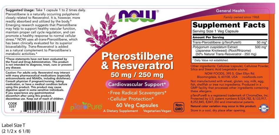 NOW Pterostilbene &amp; Resveratrol 50 mg/250 mg,60 Veg Capsules