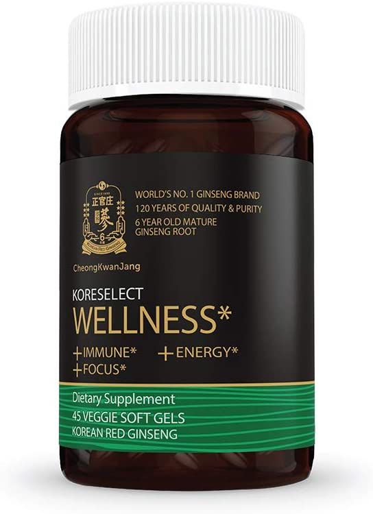 Wellness Red Ginseng Extract - Genuine KGC Dietary Supplement with 6 Years Grown Korean Red Panax Ginseng Root. Non-GMO, Gluten-Free, No Artificial or Preservatives - 45 Vegan Softgels