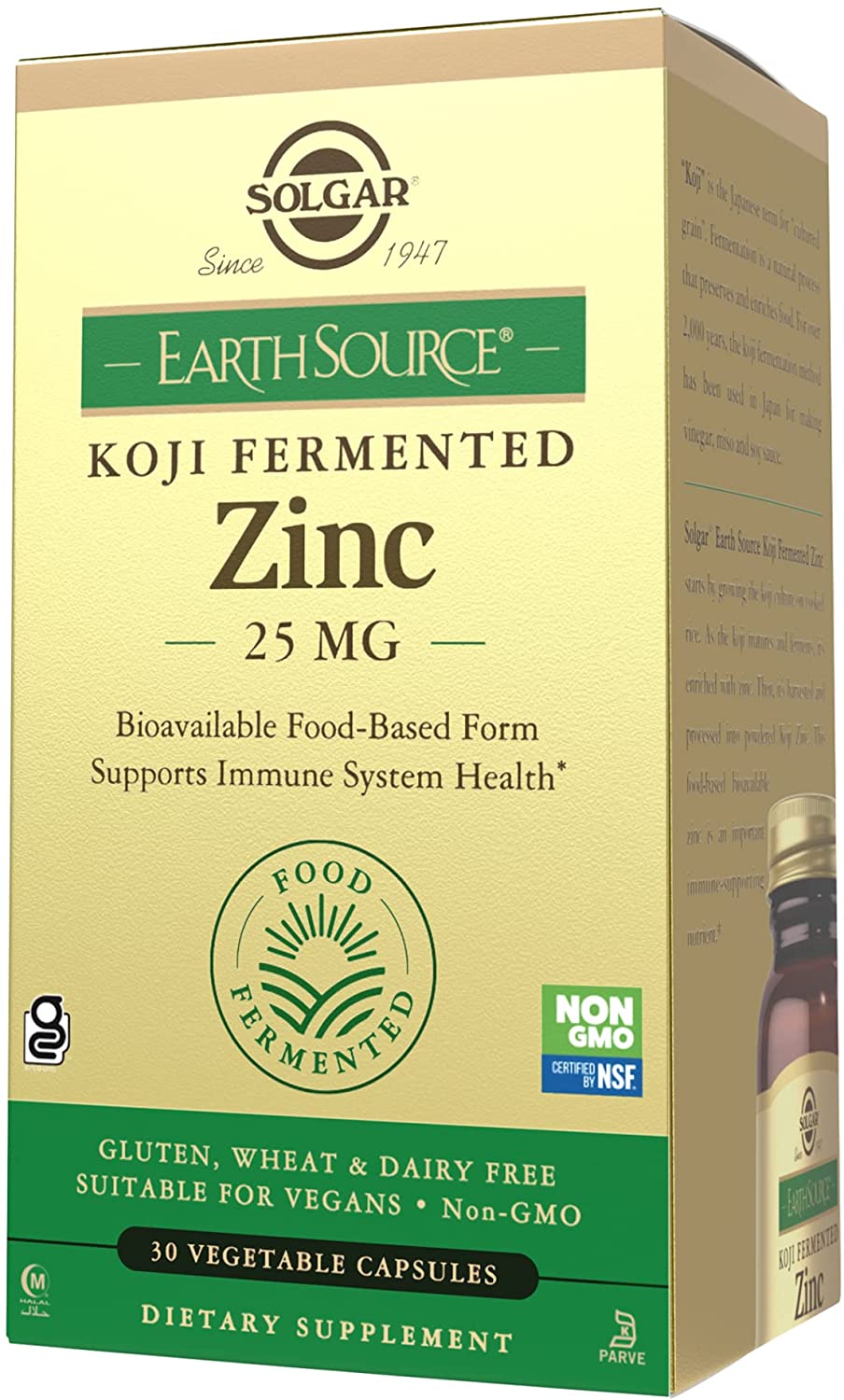 Solgar Earth Source Food Fermented Koji Zinc 25mg, 30 Vegetable Capsules - Higher-Absorption, Bioavailable Zinc for Immune &amp; Skin Health - Non-GMO, Vegan, Gluten Free, Dairy Free, Kosher - 30 Servings