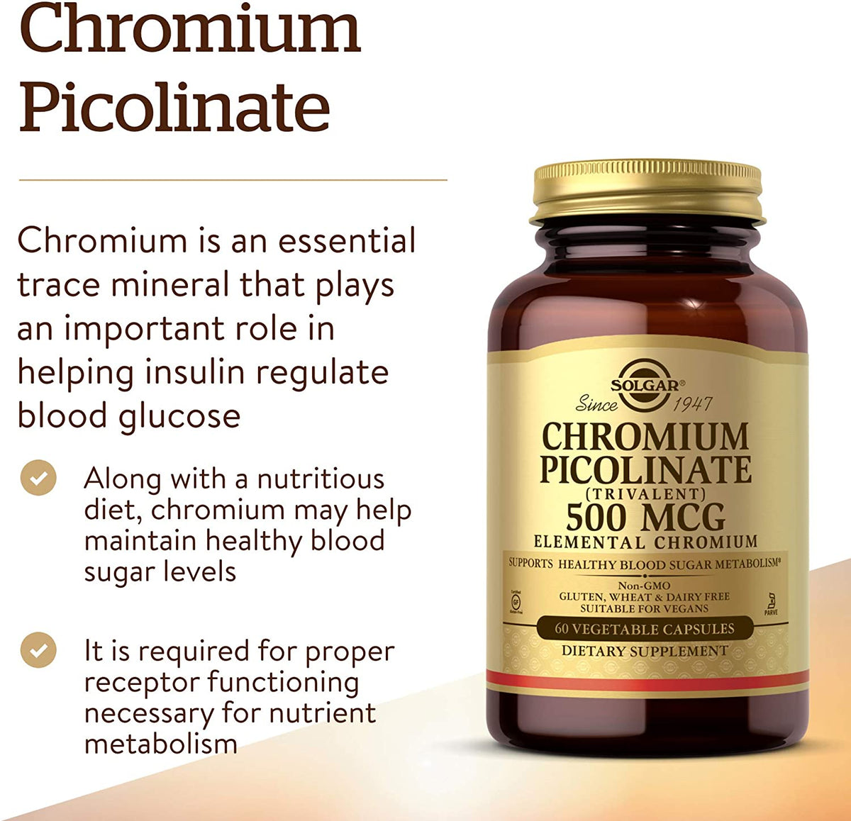 Solgar Chromium Picolinate 500 mcg - 60 Vegetable Capsules - Supports Sugar, Fat &amp; Protein Metabolism - Non-GMO, Gluten Free, Kosher - 30 Servings