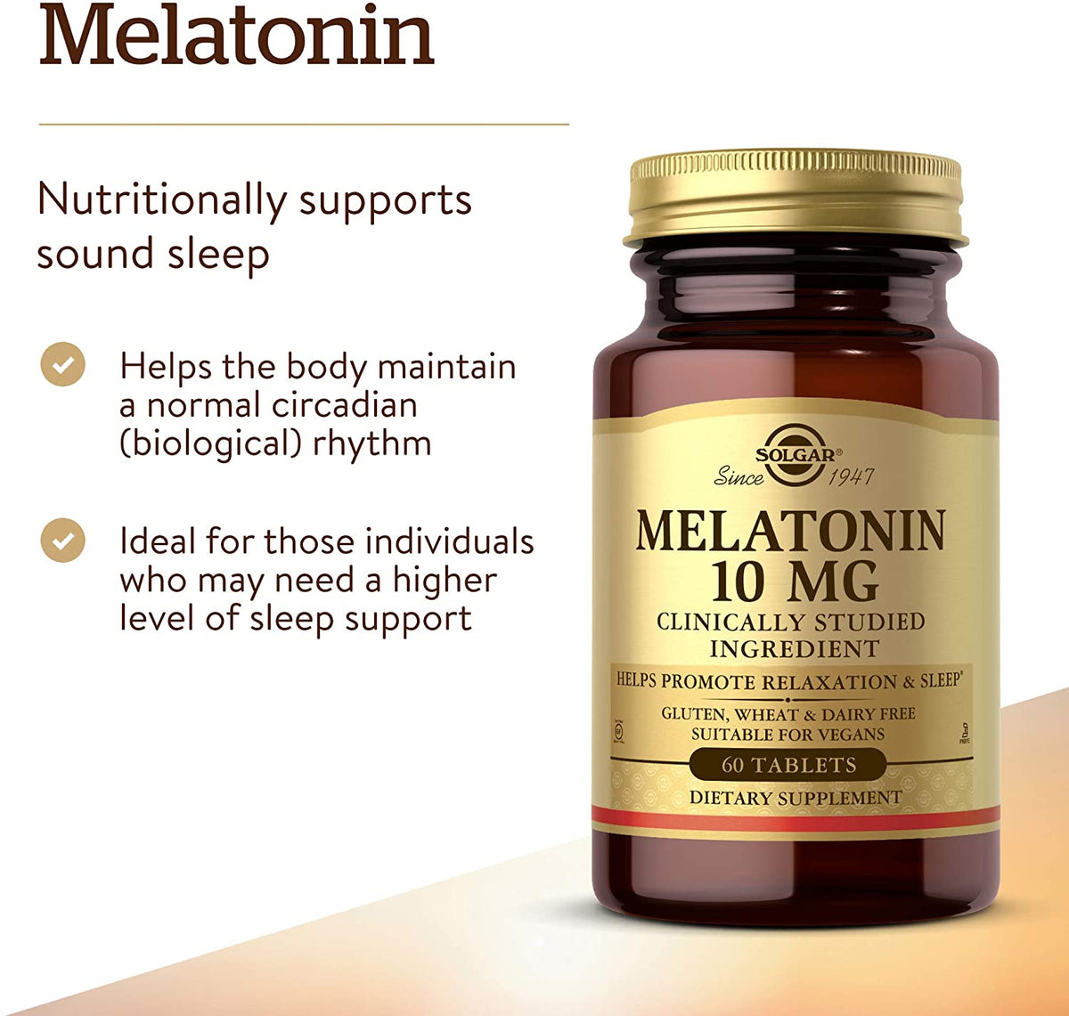 Solgar Melatonin 10mg Tablets HighDosage Helps Promote Relaxation Sleep ClinicallyStudied Melatonin Supports Natural Sleep Cycle Vegan Gluten Free Dairy Free Kosher Servings, 60 Count