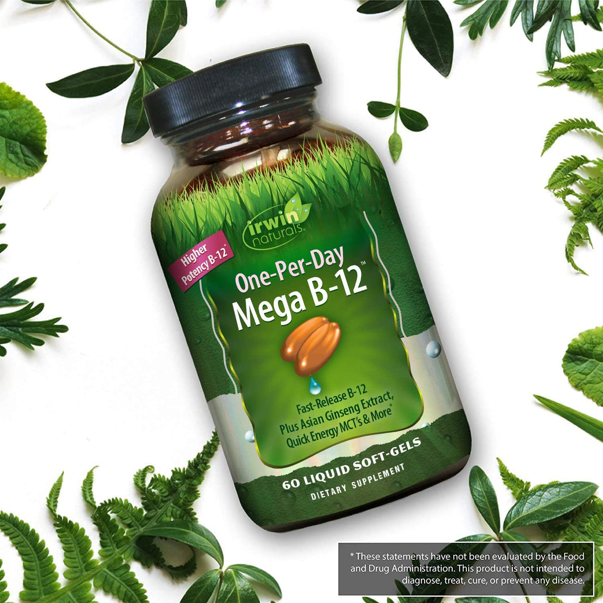 Irwin Naturals One-Per-Day Mega B-12 1,500mcg High Potency Methylcobalamin Vitamin - Fast Enhanced Absorption with MCT + Asian Ginseng - Natural Energy Boost - 60 Liquid Softgels