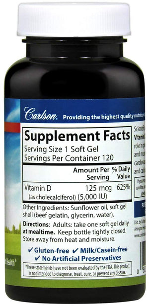 Carlson Vitamin D3, 5000 IU, 120 Softgels