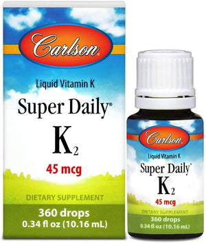 Carlson - Super Daily K2, 45 mcg Liquid Vitamin K, Cardiovascular & Blood Health, Bone Health, K2 Vitamin, Vitamin K Supplement, Vitamin K-2 MK7, Unflavored, 360 Drops