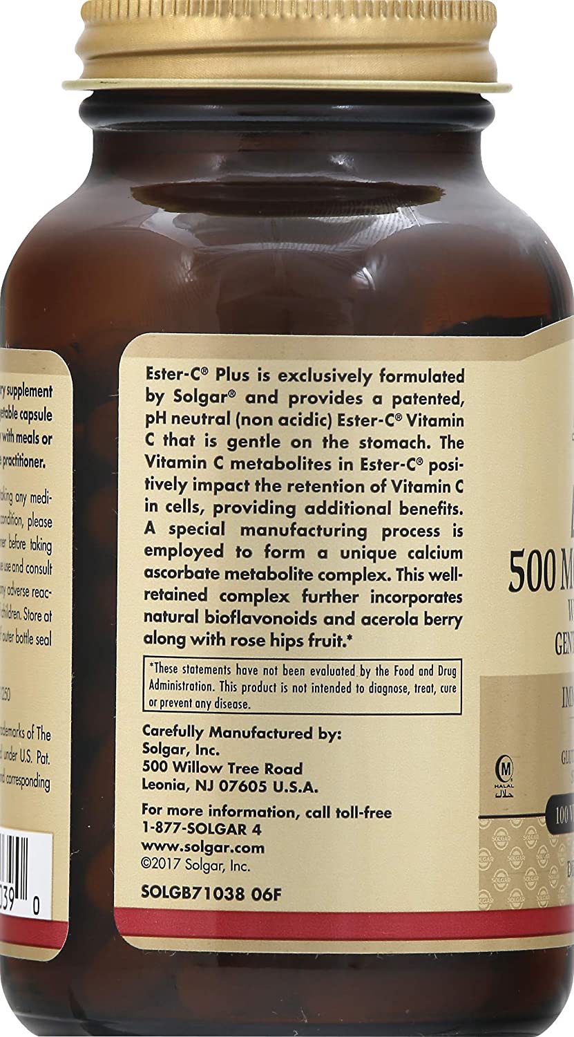 Solgar Ester-C Plus 500 mg Vitamin C (Ascorbate Complex), 100 Vegetable Capsules - Gentle &amp; Non Acidic - Antioxidant &amp; Immune Support - Non GMO, Vegan, Gluten Free, Kosher - 100 Servings