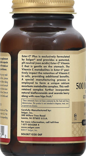 Solgar Ester-C Plus 500 mg Vitamin C (Ascorbate Complex), 100 Vegetable Capsules - Gentle & Non Acidic - Antioxidant & Immune Support - Non GMO, Vegan, Gluten Free, Kosher - 100 Servings
