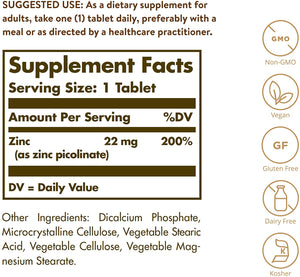 Solgar Zinc Picolinate, 22 mg, 100 Tablets