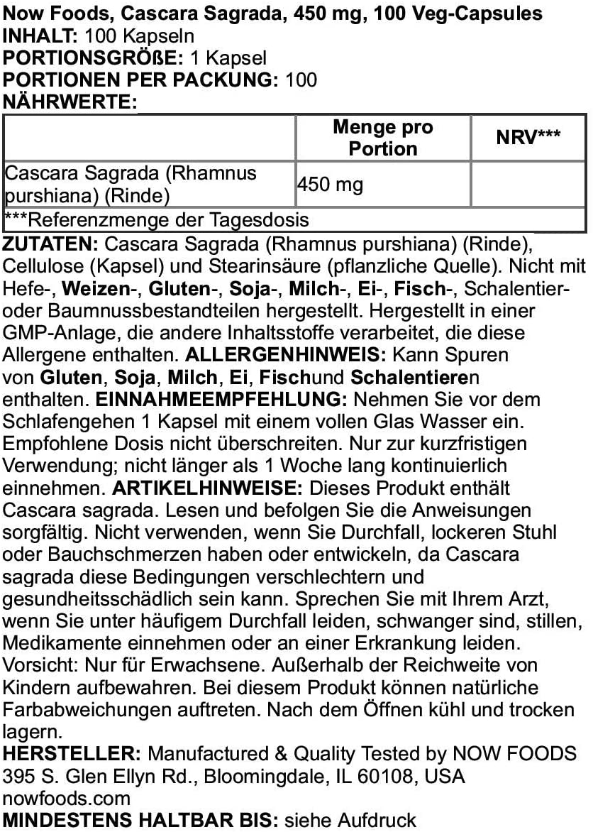 NOW Foods Supplements, Cascara Sagrada (Rhamnus purshiana) 450 mg, Herbal Regularity*, 100 Veg Capsules