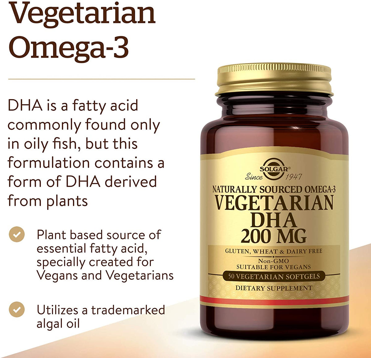 Solgar Vegetarian DHA 200 mg - 50 Vegetarian Softgels - Naturally Sourced Omega-3 - Vegan, Gluten Free, Dairy Free - 50 Servings