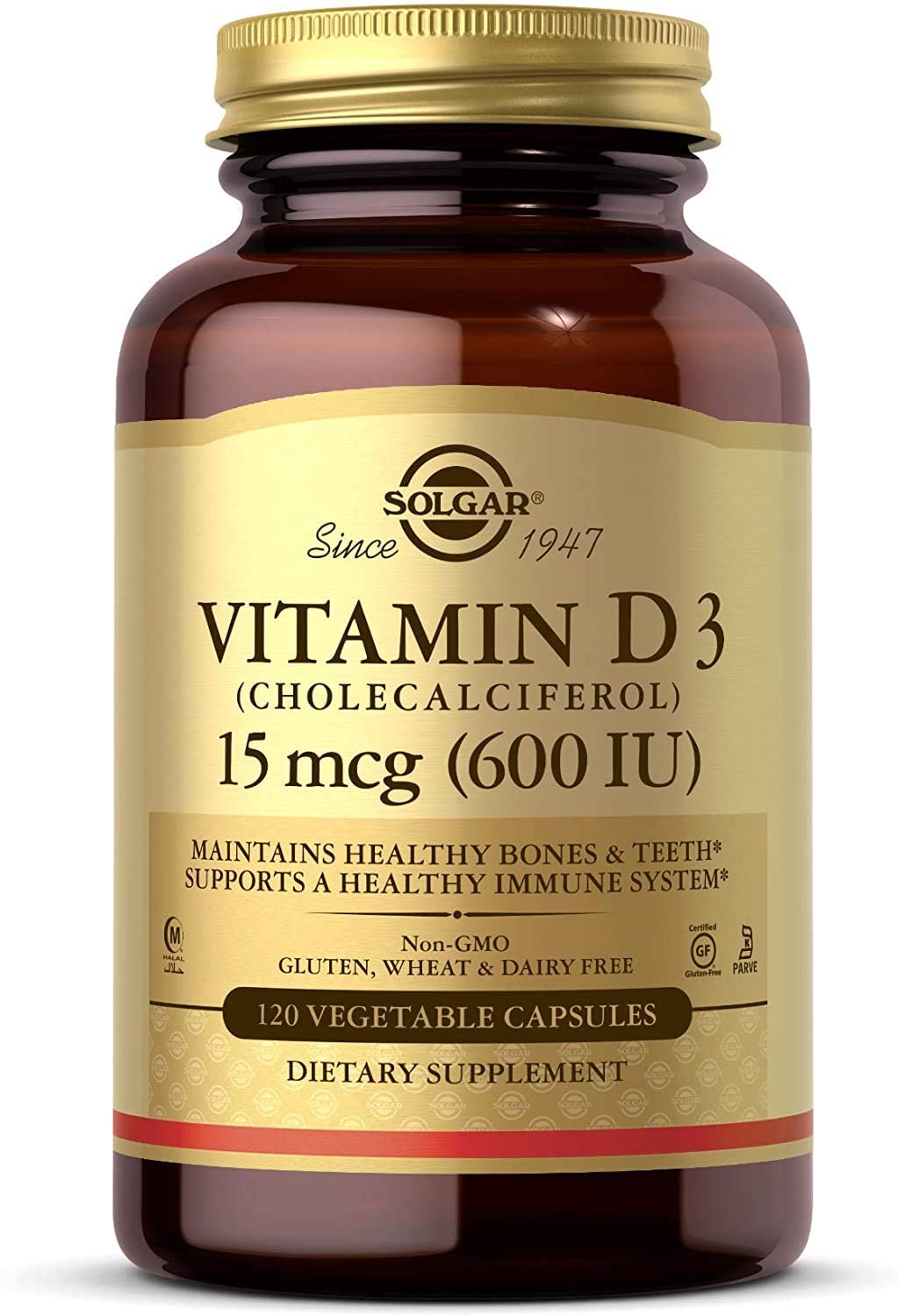 Solgar Vitamin D3 (Cholecalciferol) 15 mcg (600 IU), 120 Vegetable Capsules - Helps Maintain Healthy Bones &amp; Teeth - Immune Support - Non-GMO, Gluten Free, Dairy Free, Kosher, Halal - 120 Servings