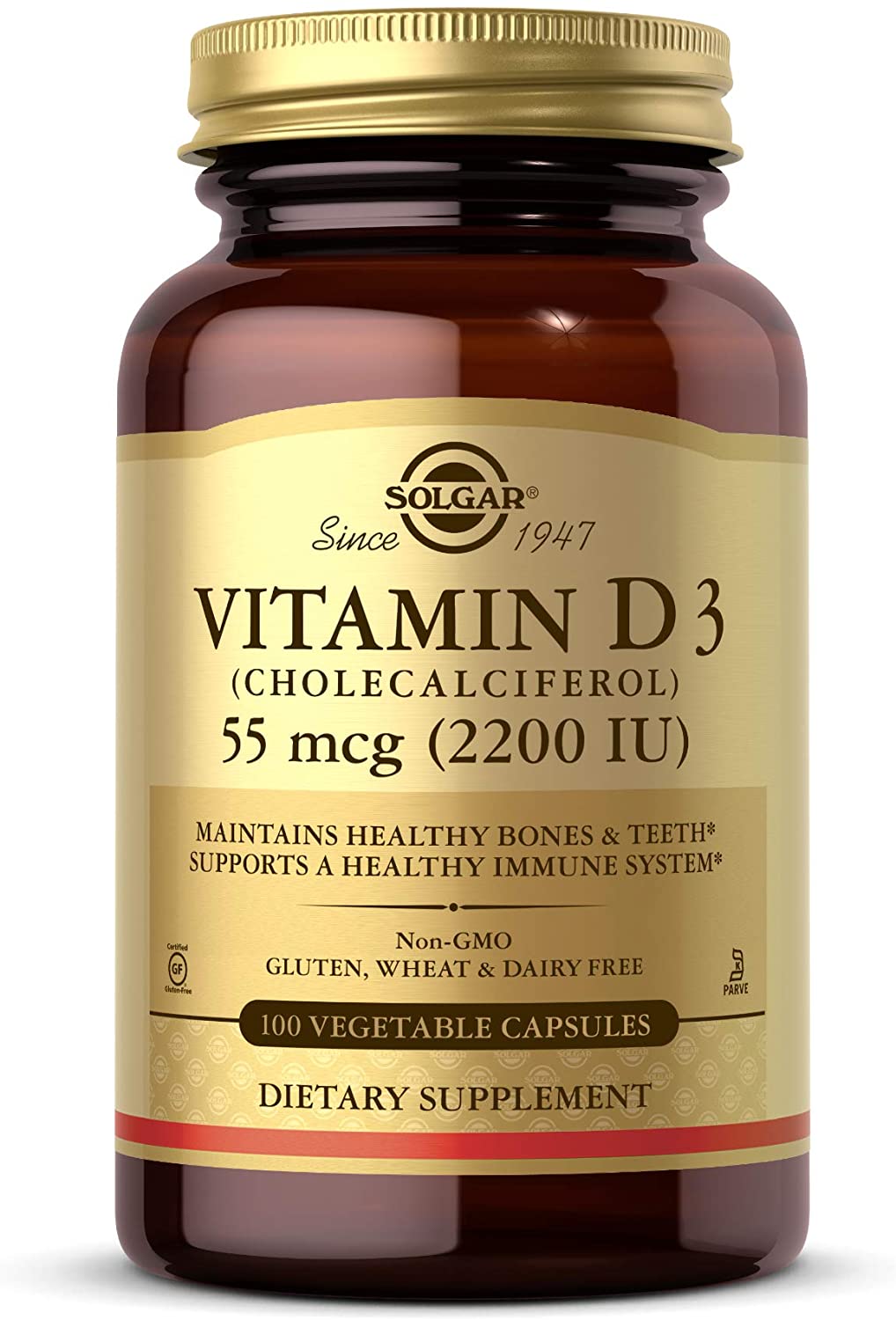 Solgar Vitamin D3 (Cholecalciferol) 55 mcg (2200 IU), 100 Vegetable Capsules - Helps Maintain Healthy Bones &amp; Teeth - Immune System Support - Non-GMO, Gluten Free, Dairy Free, Kosher - 100 Servings