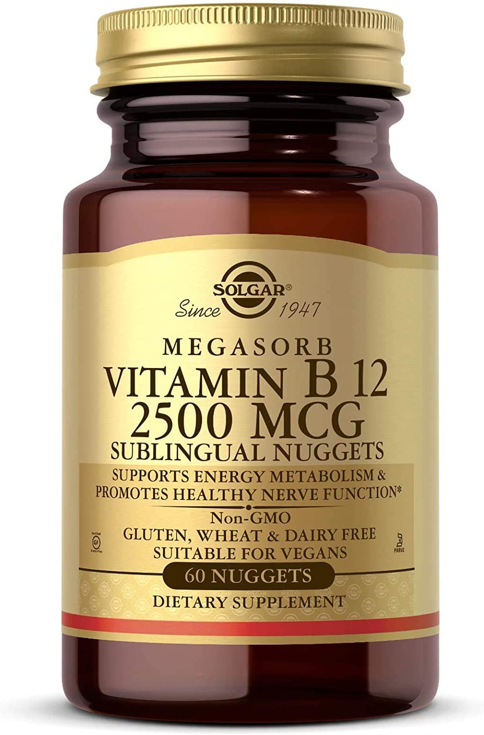 Solgar Vitamin B12 2500 mcg, 60 Nuggets - Energy Metabolism, Nervous System Support, Heart Health - Non-GMO, Vegan, Gluten Free, Dairy Free, Kosher, Halal - 60 Servings