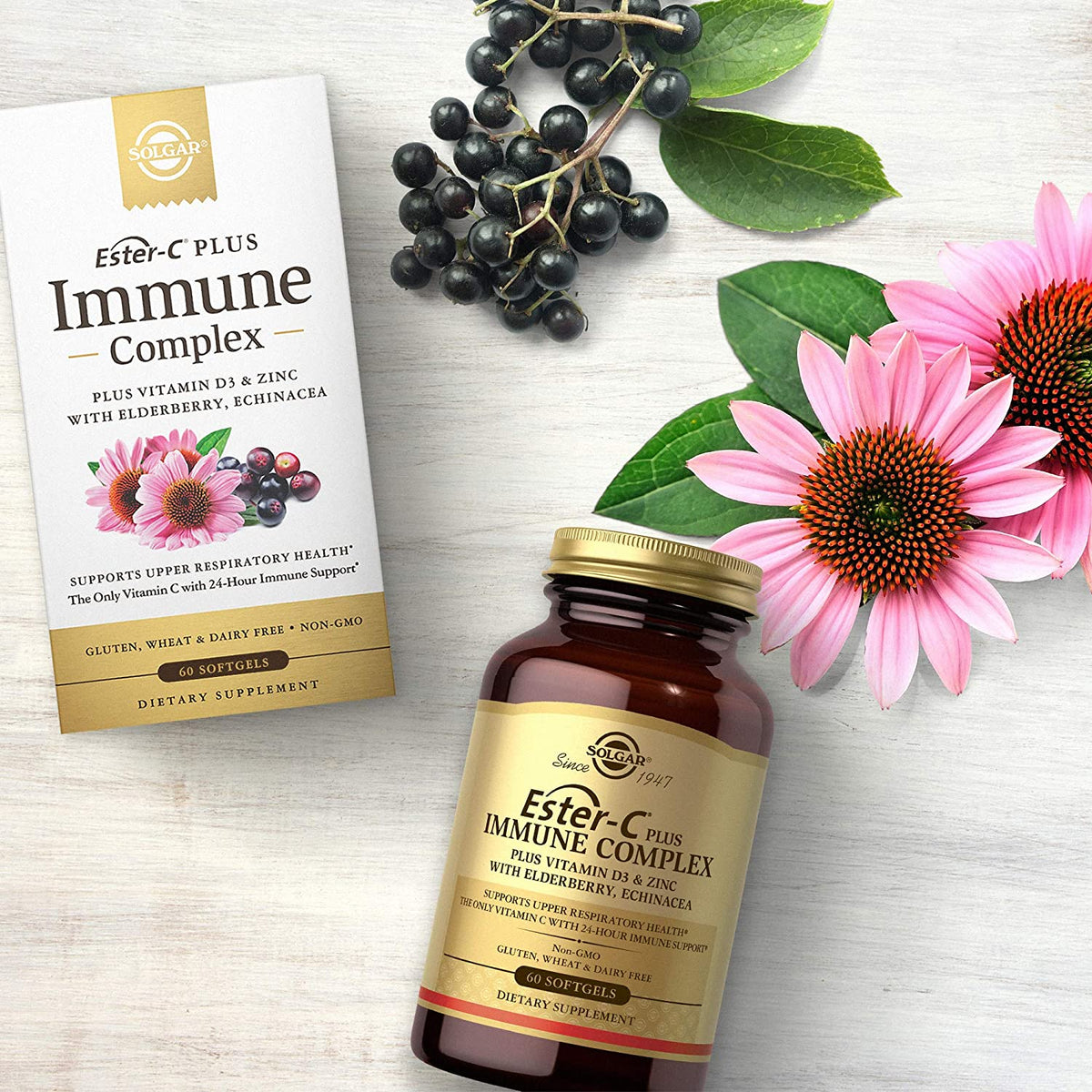 Solgar Ester-C Plus Immune Complex, 24 Hr Immune Support, Supports Upper Respiratory Health - Plus D3, Zinc, Elderberry &amp; Echinacea - Non-GMO, Gluten Free, Dairy Free - 30 Servings, 60 Softgels