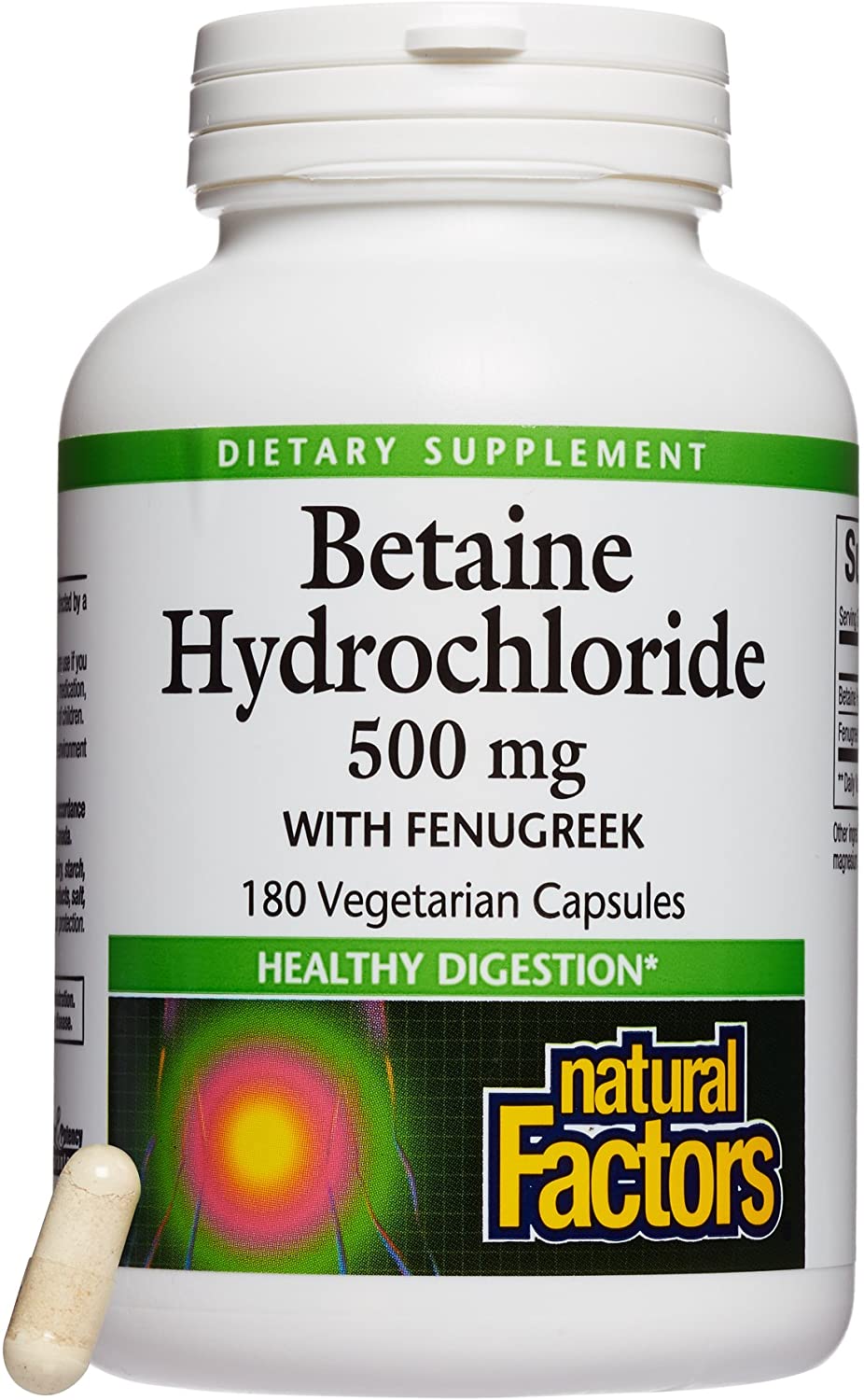 Natural Factors, Betaine HCL 500 mg, Supports Healthy Digestion and a Healthy Microbiome, 180 capsules (180 servings)