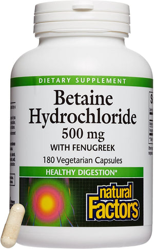 Natural Factors Betaine Hydrochloride with Fenugreek, 500 mg, 180 Vegetarian Capsules