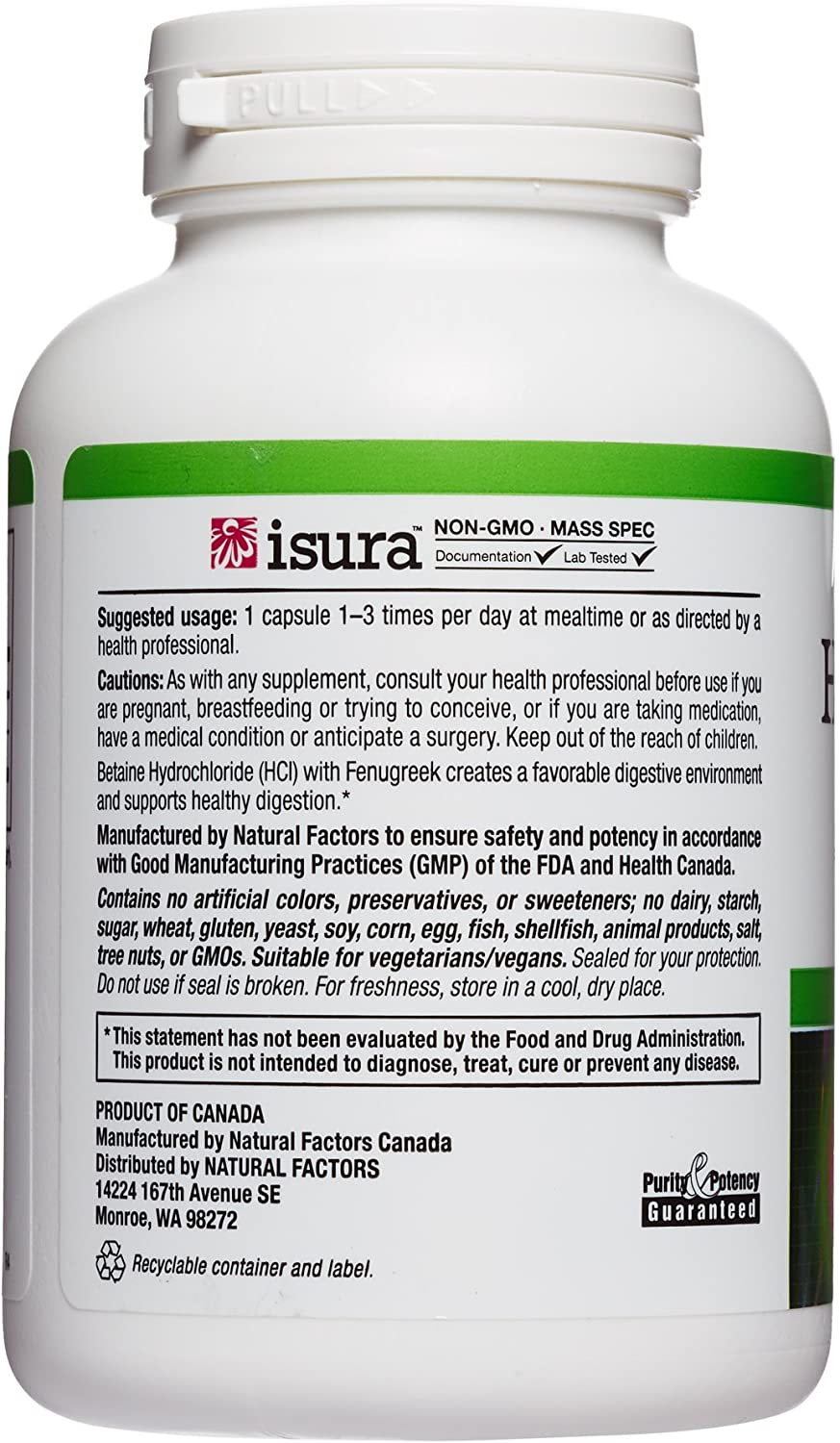 Natural Factors, Betaine HCL 500 mg, Supports Healthy Digestion and a Healthy Microbiome, 180 capsules (180 servings)