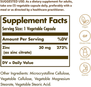 Solgar Zinc Citrate, 30 mg, 100 Vegetable Capsules