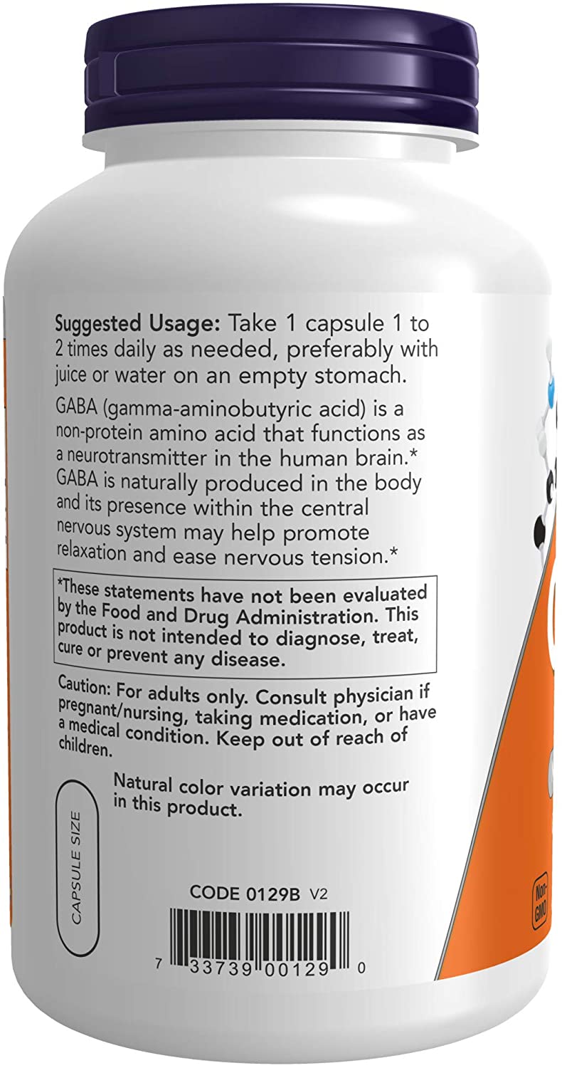 NOW Foods Supplements, GABA (Gamma-Aminobutyric Acid) 750mg, Neurotransmitter Support*, 200 Veg Capsules