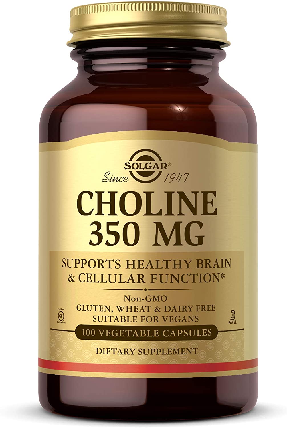 Solgar Choline 350 mg, 100 Vegetable Capsules - Supports Healthy Brain &amp; Cellular Function - Vegan, Gluten Free, Dairy Free, Kosher - 100 Servings