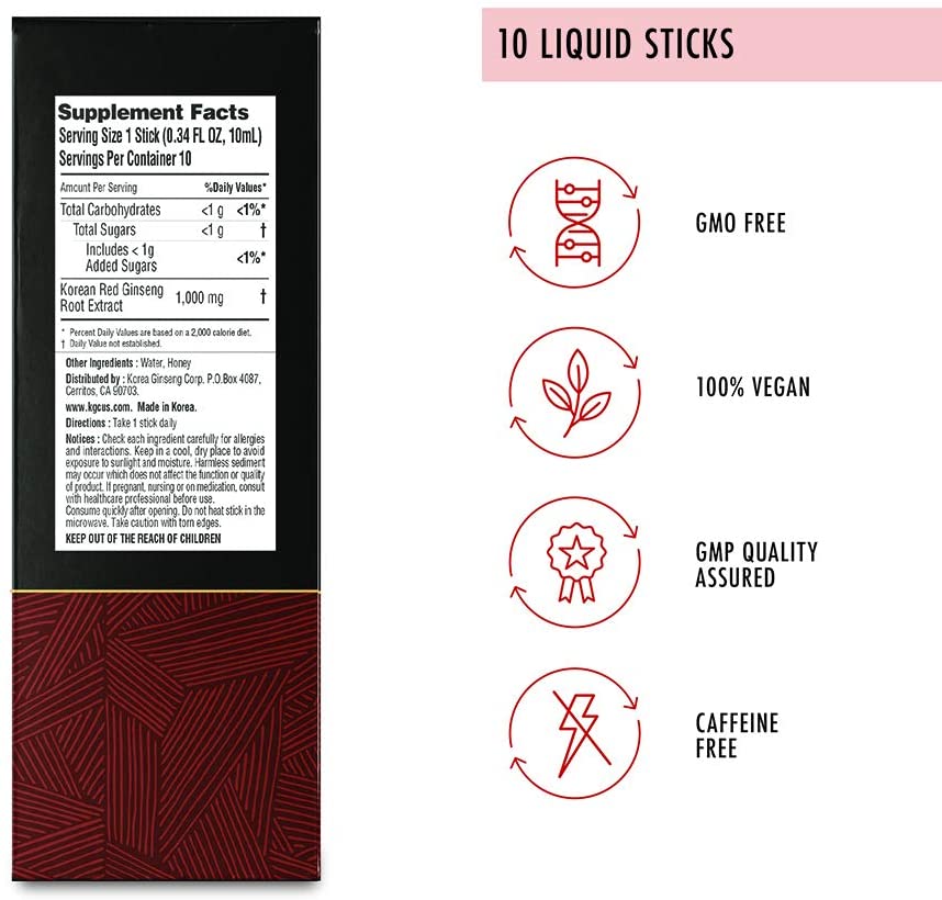 Energy Red Ginseng Extract – Genuine KGC Dietary Supplement with 6 Years Grown Korean Panax Ginseng Amplifies Concentration, Memory, Productivity, and Speeds Up Recovery – 10 Liquid Sticks