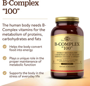 B-Complex "100", 250 Tablets - Heart Health - Nervous System Support - Supports Energy Metabolism - Non GMO, Vegan, Gluten Free, Dairy Free, Kosher, Halal - 250 Servings